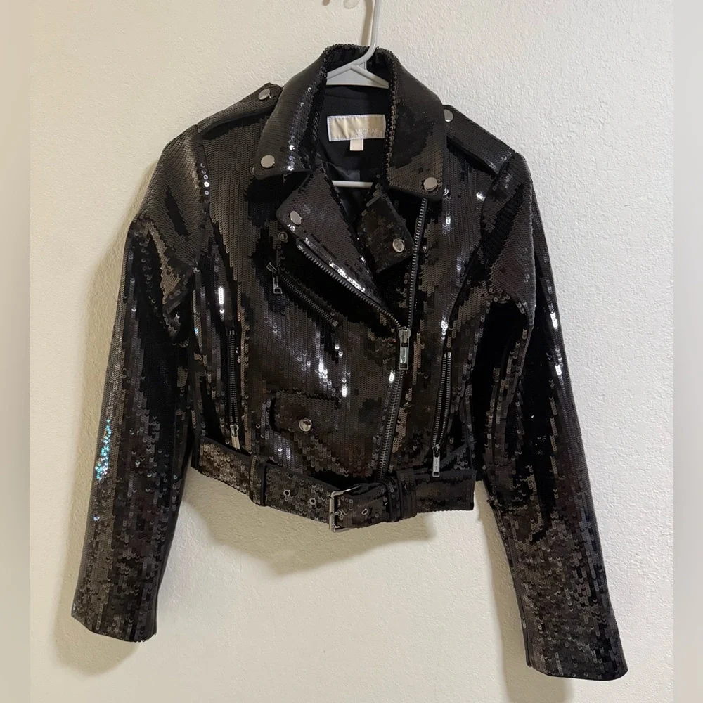 Michael Michael Kors Black Sequin Moto Jacket XXS